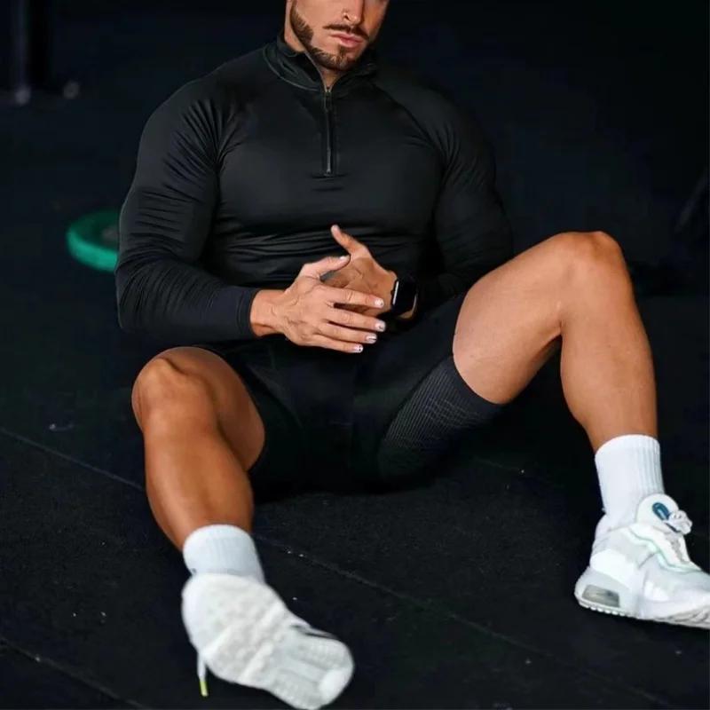 Fitness Compression Sport T-shirt Gym course exercice élastique manches longues sweat demi zip haut