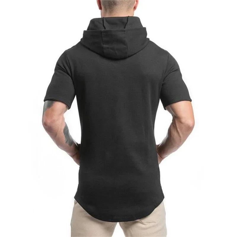 T-shirt à capuche en coton pour homme, coupe slim, respirant, à manches courtes, pour la musculation