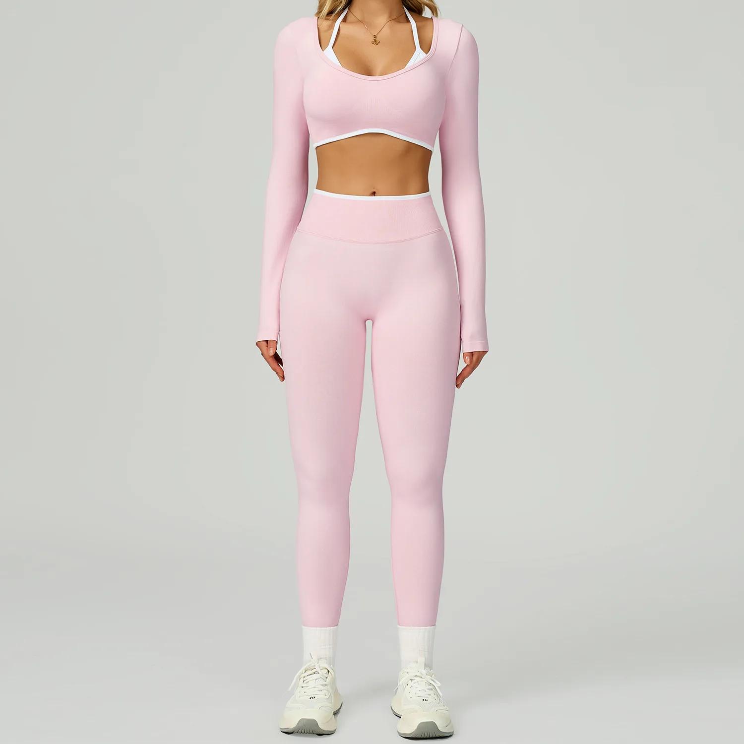 Ensemble de yoga 2 pièces sans couture pour femme, tenue de sport sexy à manches longues et crop top