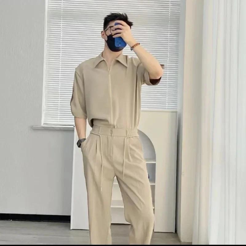 Fermetures éclair chemises pantalons costumes pour hommes plaine respirant vêtements d'été nouveau c