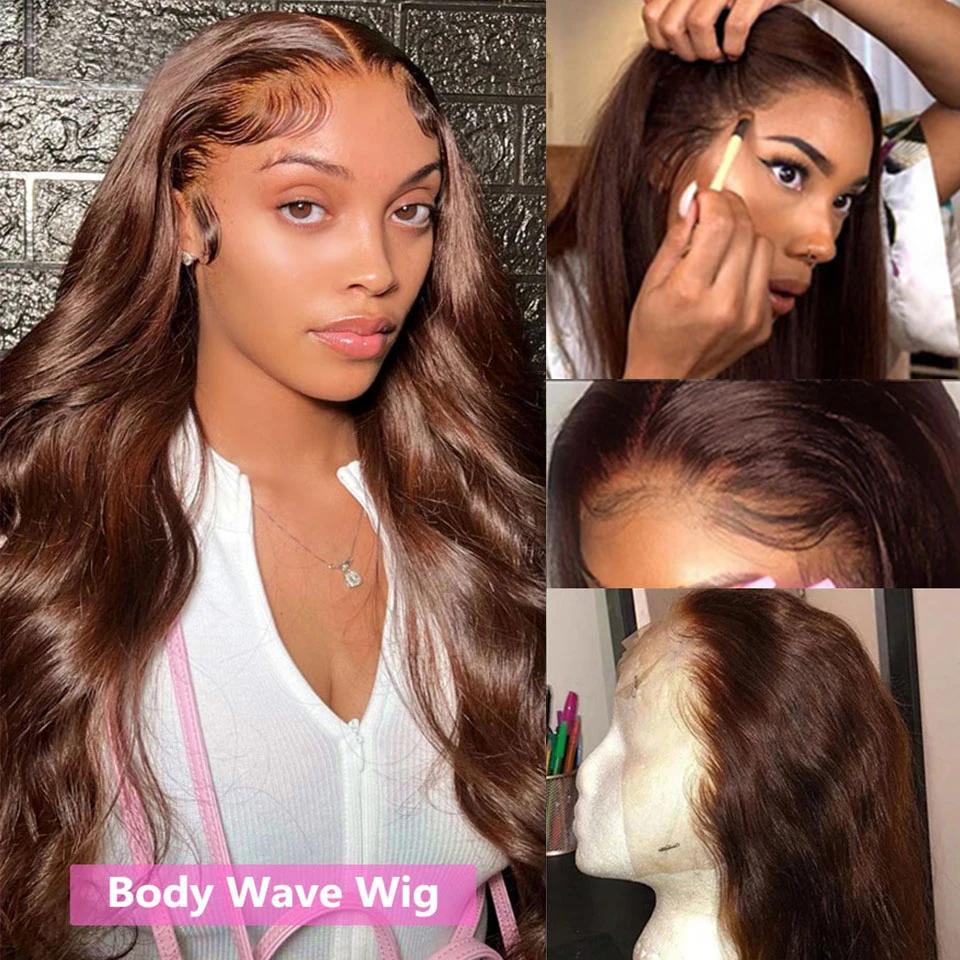 Perruque Lace Front Wig Body Wave brésilienne naturelle, cheveux naturels, brun chocolat, 13x4, pre-