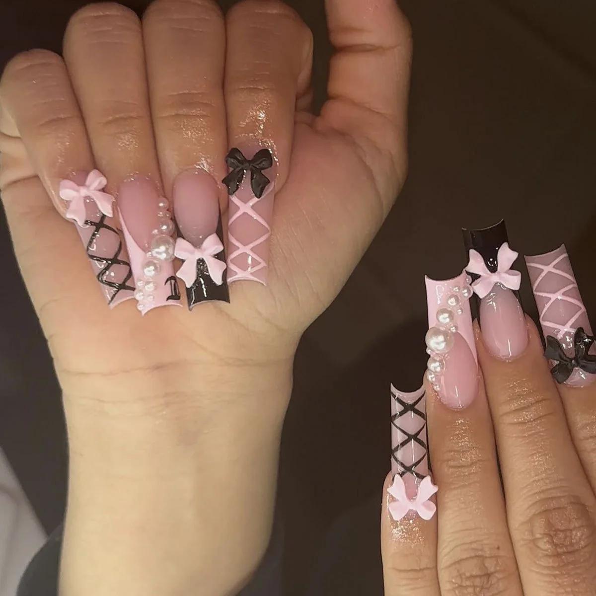 Faux ongles à bordure française dorée, longs cercueil, avec strass, ballerine, couverture complète,