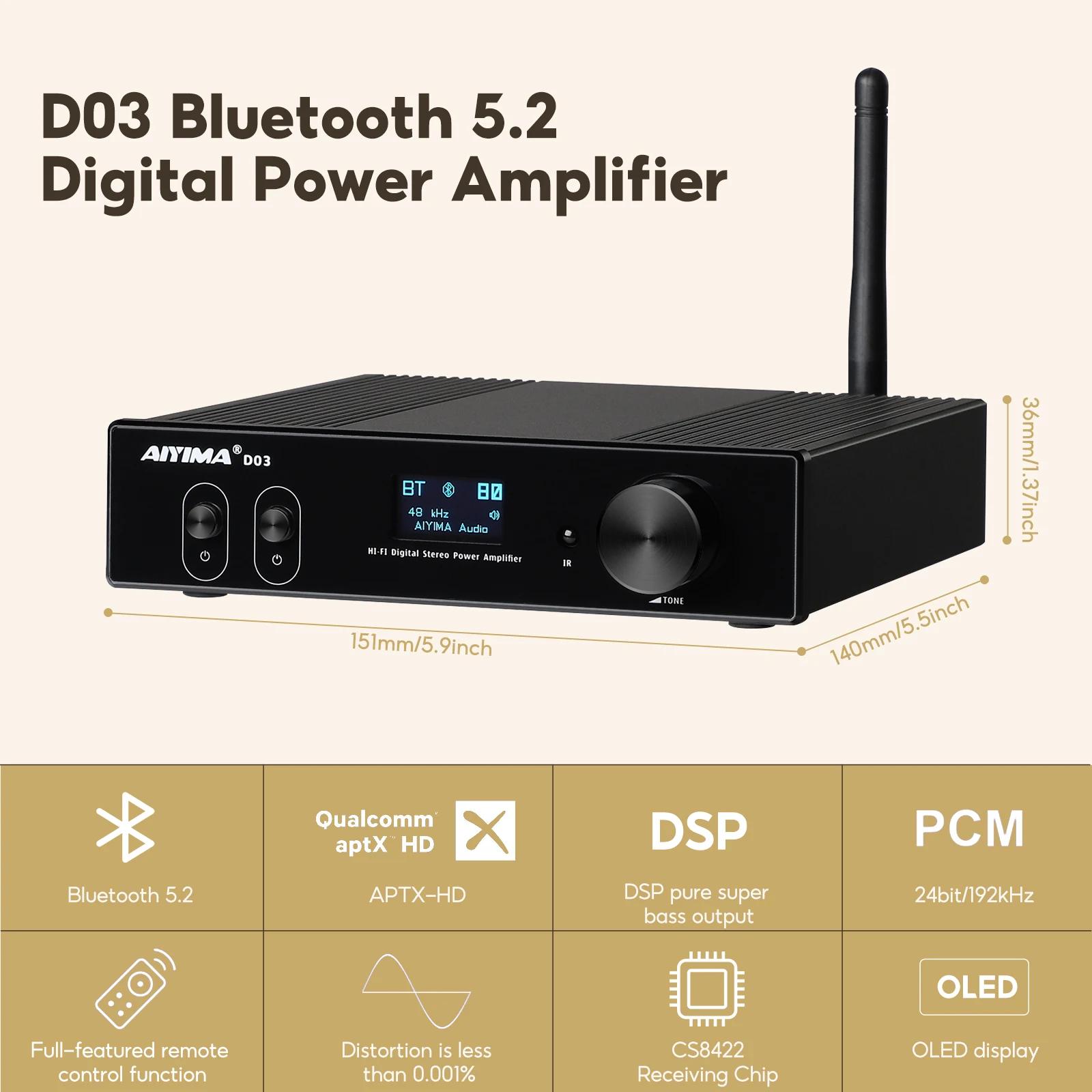 Amplificateur Bluetooth AIYIMA D03 150Wx2 Stéréo HiFi Amplificateur de son Subwoofer USB DAC OLED AP