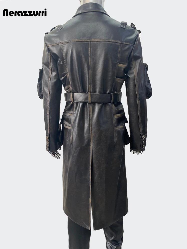 Nerazzurri printemps automne Cool Long imperméable en détresse noir Pu cuir Trench manteau hommes ce