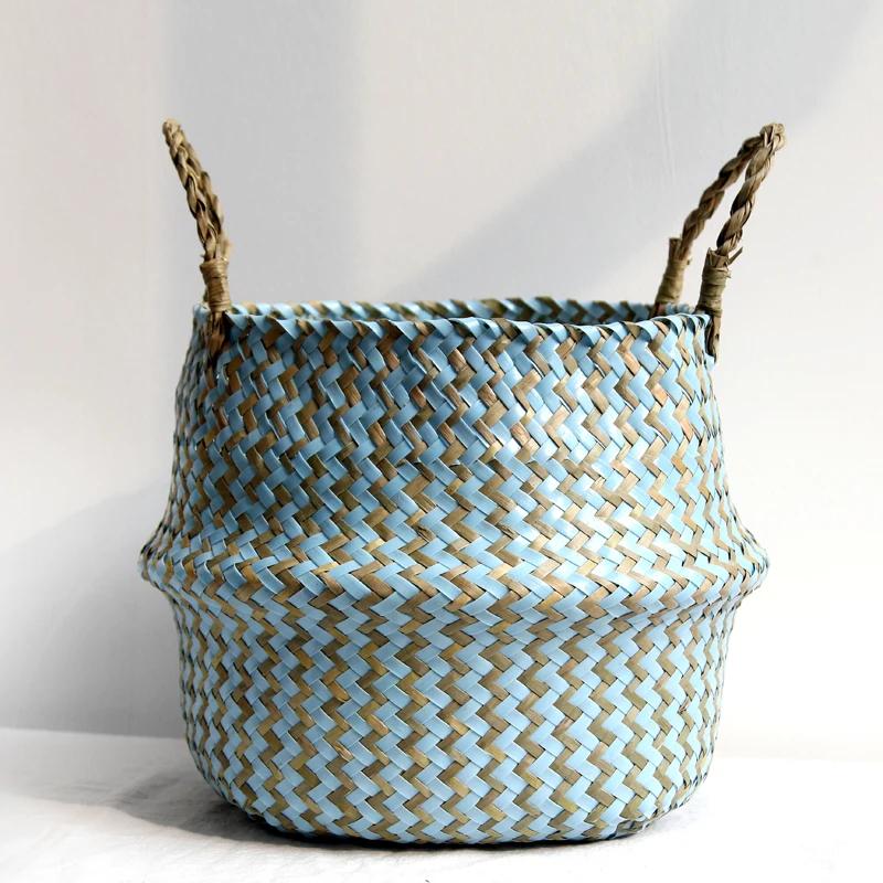 Boho décor rayé osier paniers de rangement à la main pliable panier à linge Patchwork algues fleur v