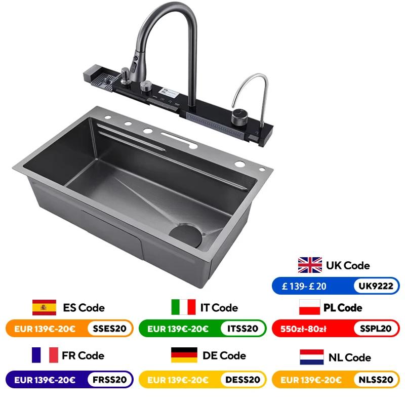 Évier de cuisine cascade en acier inoxydable 304, grand fente unique, ensemble de robinets à afficha