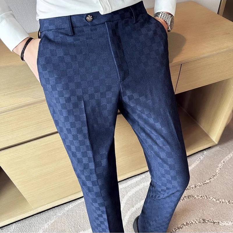 Automne hiver coréen Plaid pantalons décontractés hommes coupe ajustée robe d'affaires costume panta