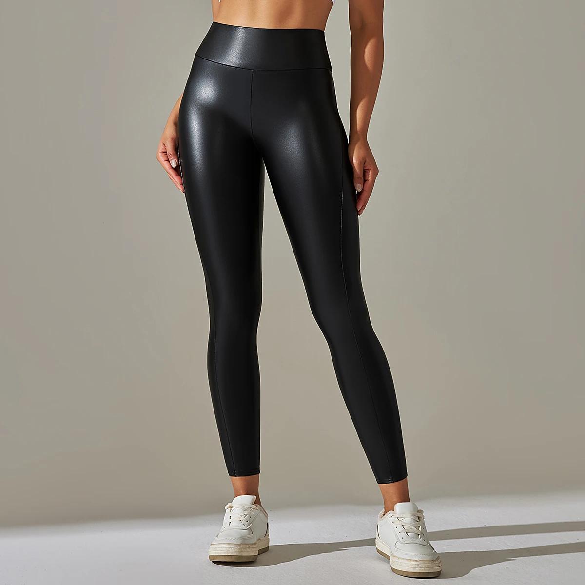 Leggings yoga femme en cuir PU noir - Pantalons de sport taille haute effet push-up