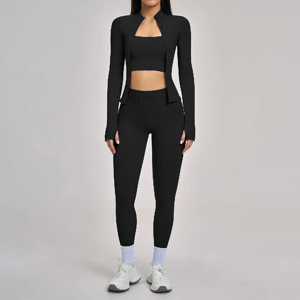 Ensemble de 3 pièces de vêtements de sport pour femmes, ensembles de survêtements de yoga sans coutu