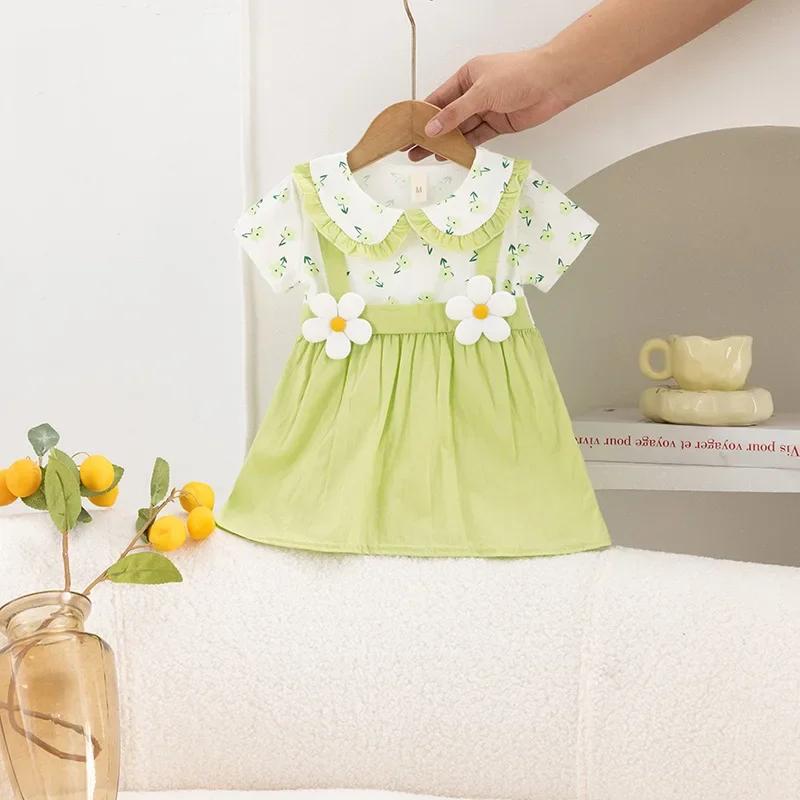 Robe d'été pour petites filles, imprimé floral, dentelle, à revers, mignonne, vacances, deux
