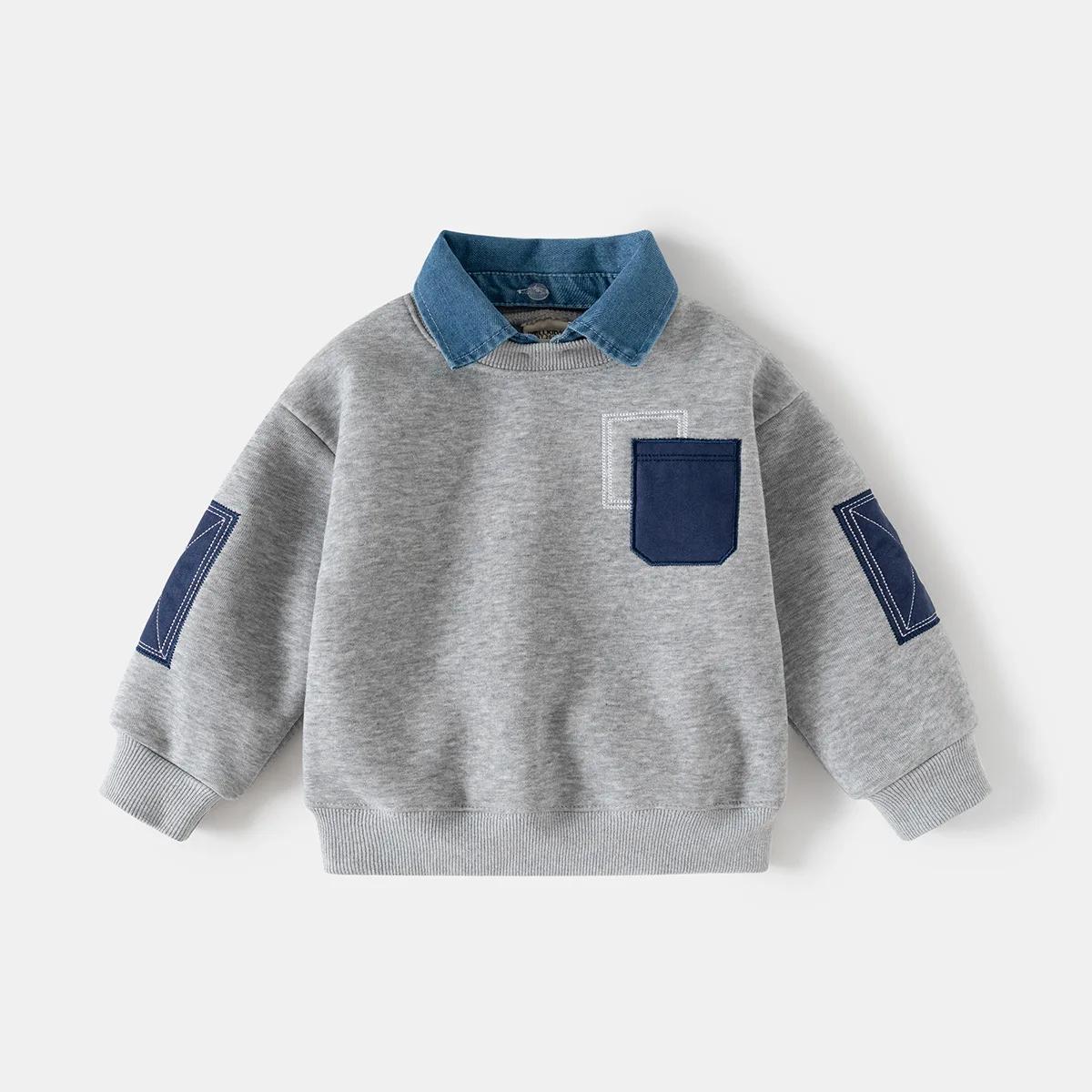 Sweat-shirt pour enfants printemps, pull en molleton à col en jean pour garçons avec poche plaquée,