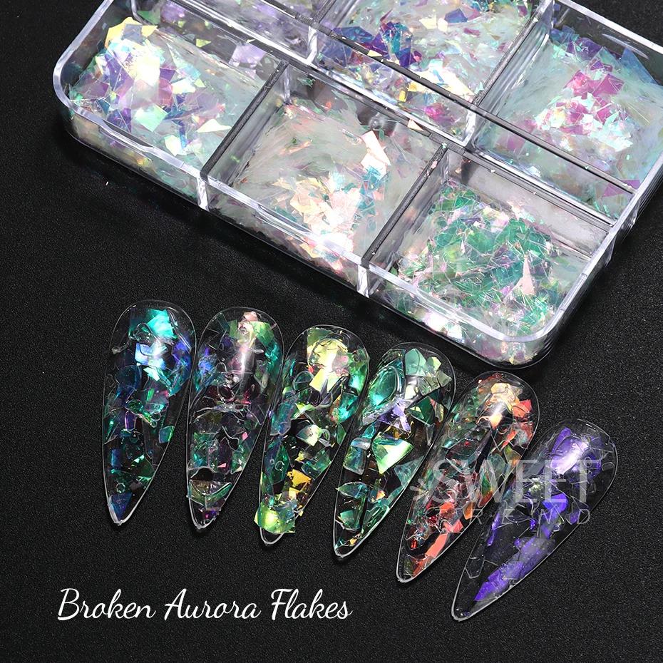 6 grilles AB irisé ongles paillettes flocons irrégulier aurore étincelle paillettes cristal verre fé