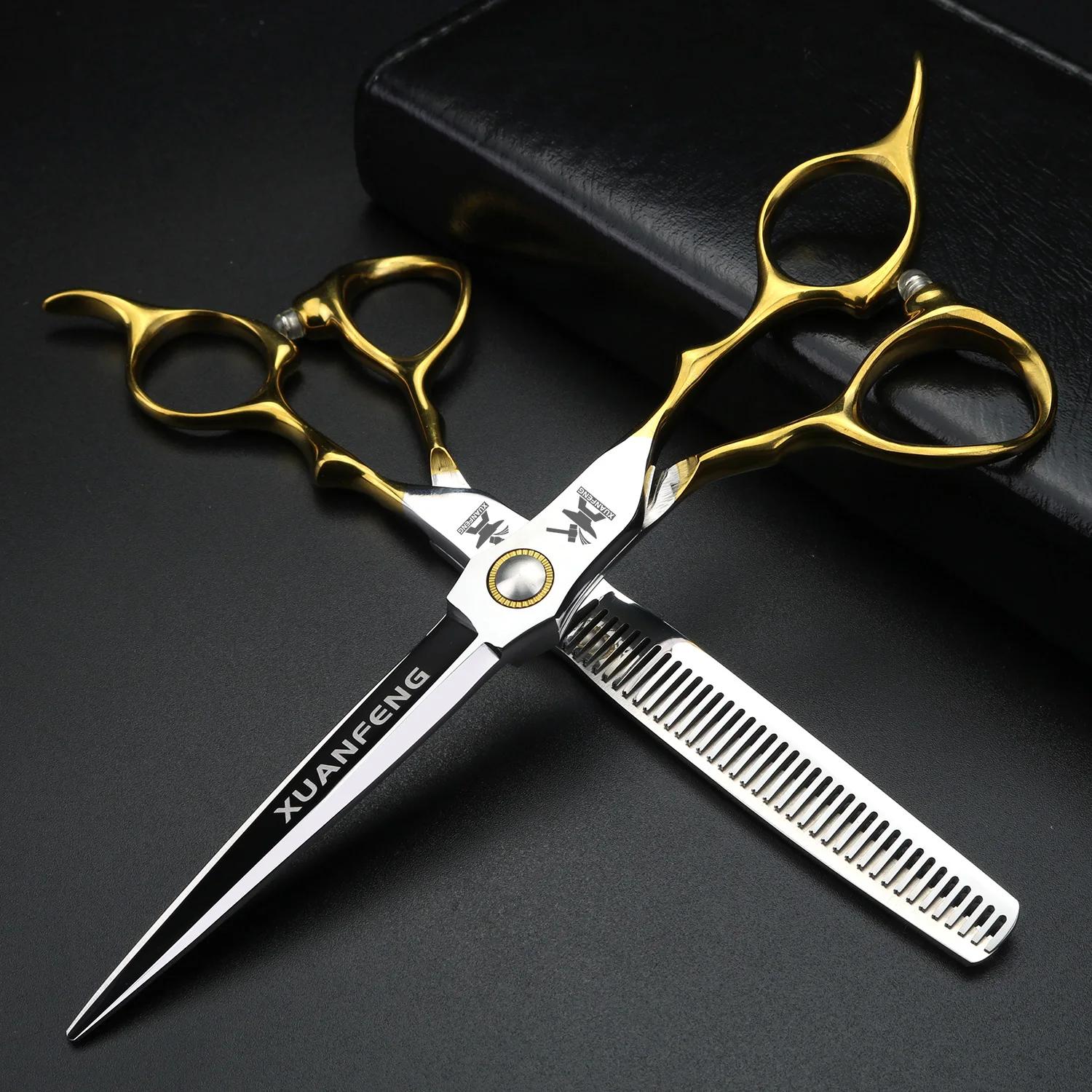 XUANFENG ciseaux à cheveux professionnels à poignée dorée 6.5 "440C ciseaux de coupe de barbier en a