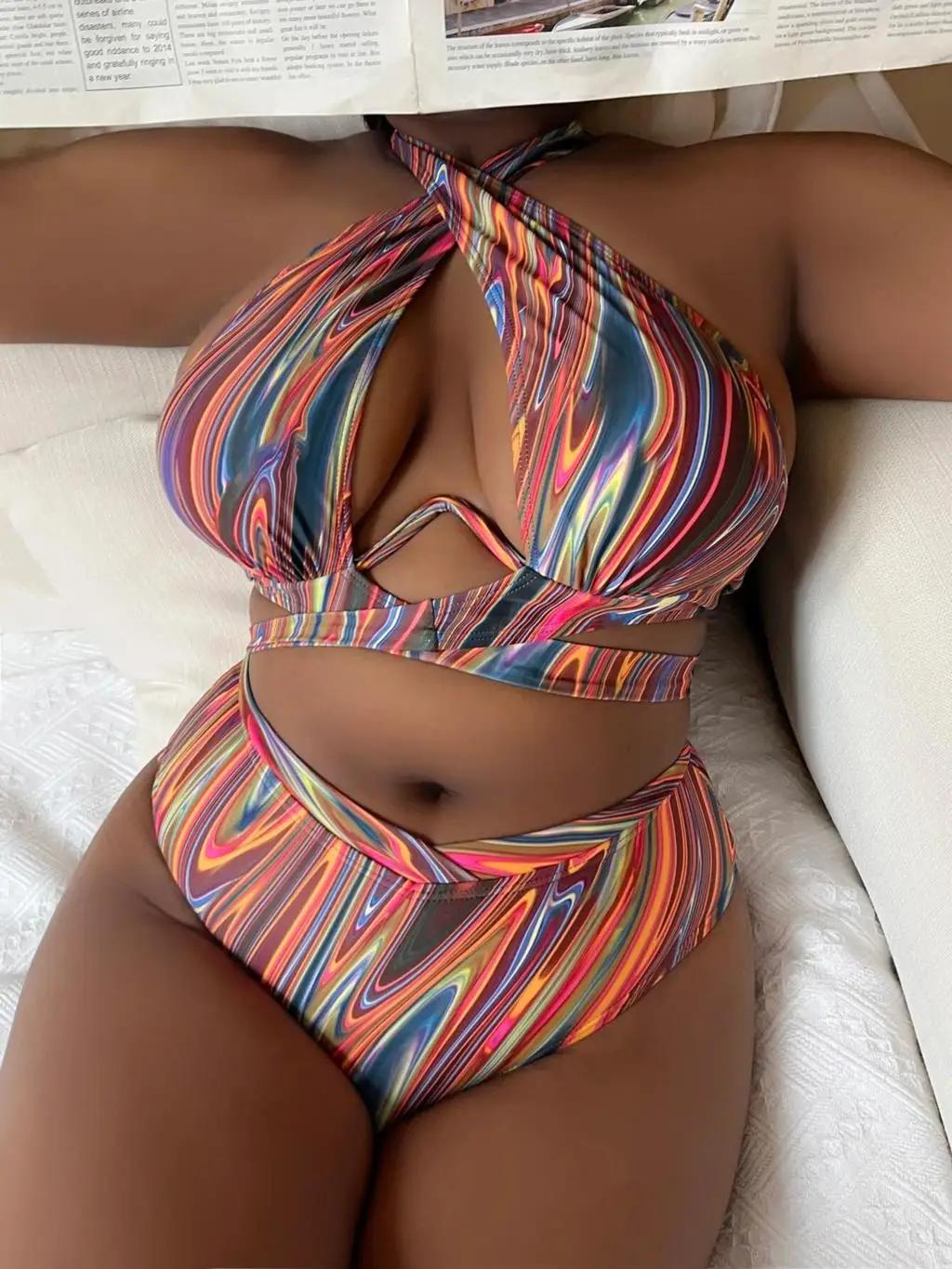 Maillot de bain push-up imprimé 2026 pour femme - Grande taille taille haute pour plage et natation