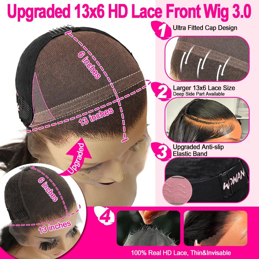 Wow Angel-Perruque Lace Front Wig Sans Colle, Cheveux Naturels Lisses, 13x6 HD, Peau Fondue, 250% de