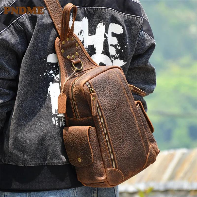 PNDME – sac de poitrine rétro en cuir véritable pour hommes, sac à bandoulière multifonctionnel en c