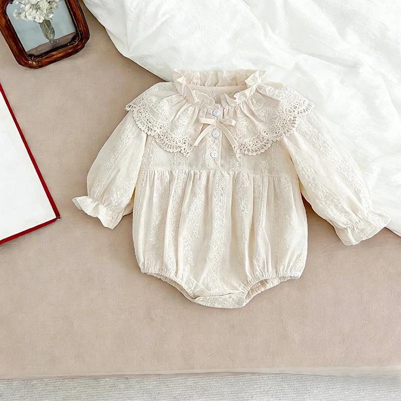 Body pour nouveau-né de 0 à 2 ans, vêtements à la mode, barboteuse en dentelle, col Peter Pan, nœud