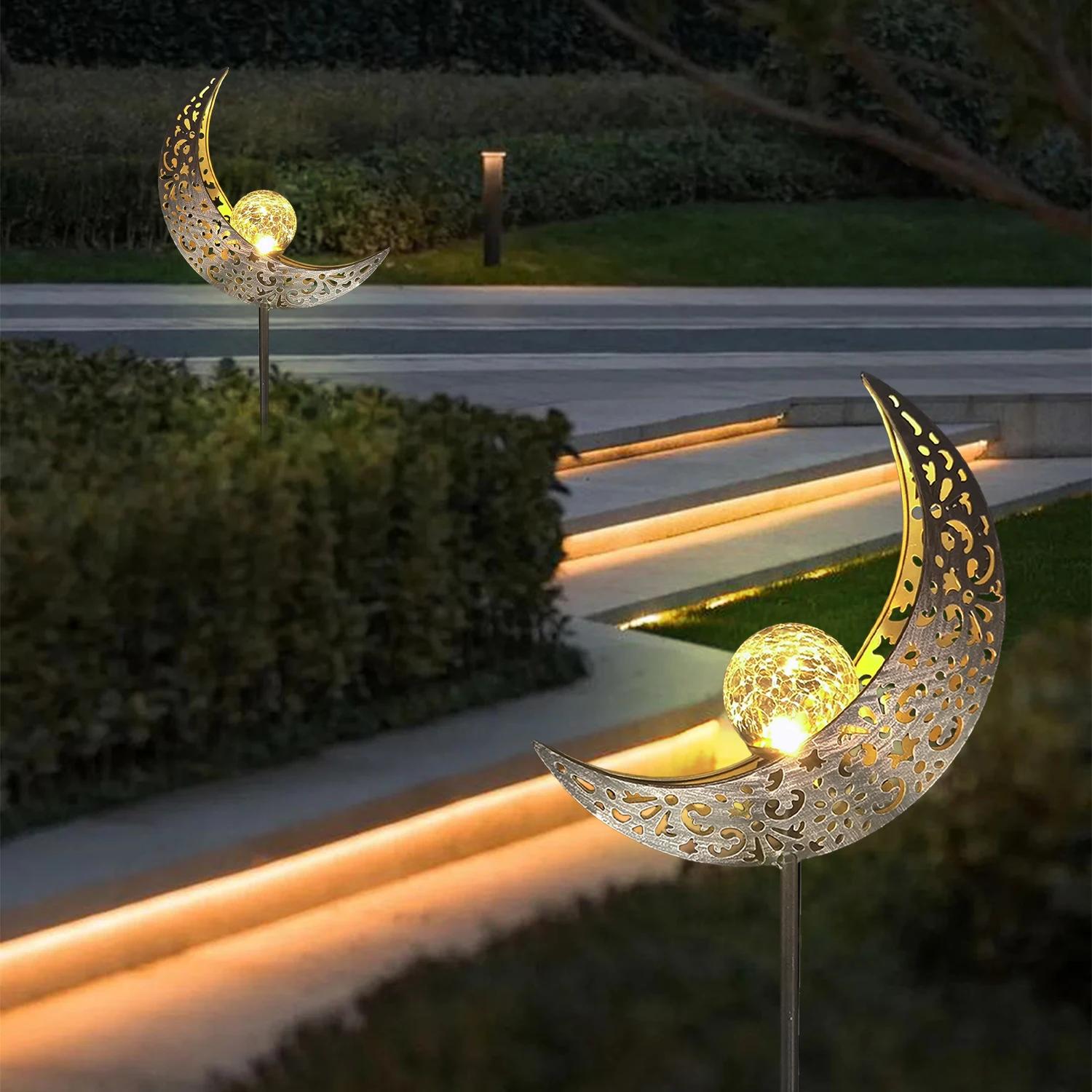 Lumières solaires LED en verre craquelé nickel é de lune, ornement de piquet en métal blanc chaud, l