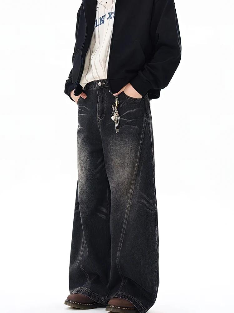 Vintage noir lavé Baggy jean pantalon hommes jambe large lame incurvée pantalon Streetwear Cowboy dé
