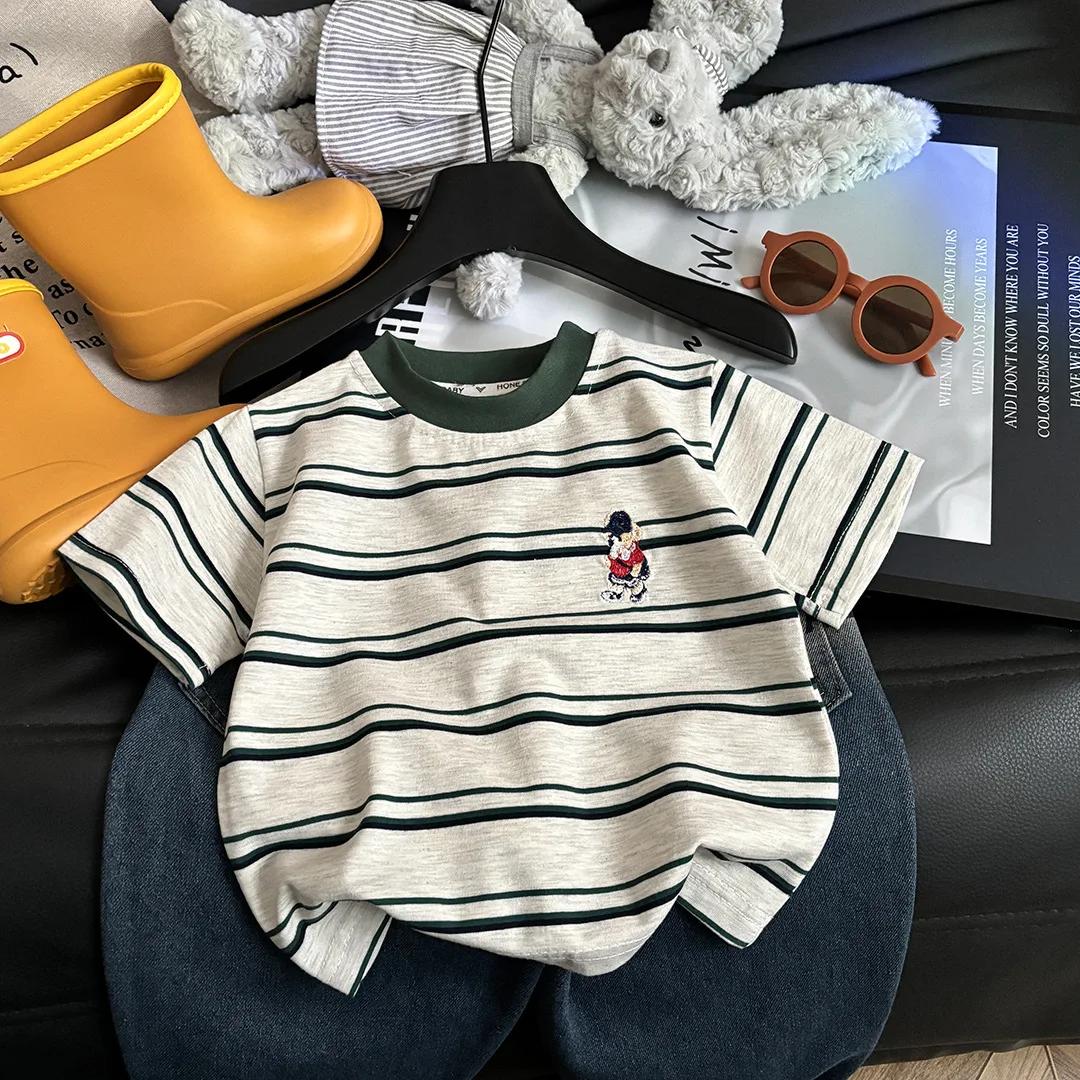 T-shirt d'été à manches courtes en coton pour enfants, à rayures, pour garçons et filles, hauts à la