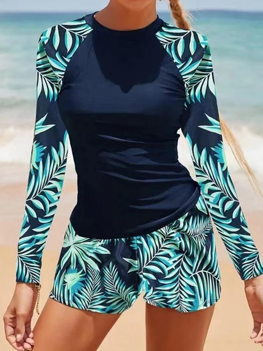 Maillot de bain surf manches longues 2026 femme - Imprimé deux pièces plongée plage