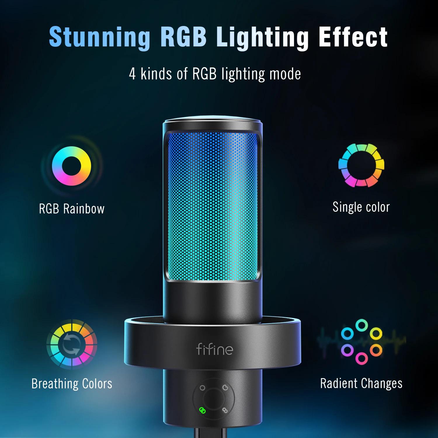 FIFINE-Ampligame A8 PLUS USB MIC avec abonnés, RVB allable, 3 capsules, 4 motifs polaires, cadrans d