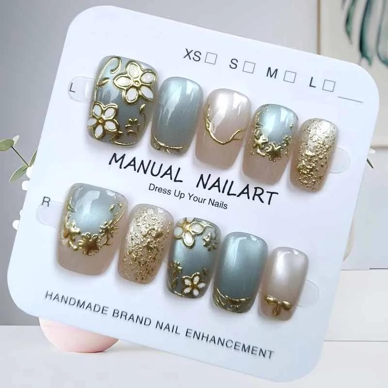 10 pièces fleur dorée oeil de chat lumière luxe Design 3D presse sur les ongles tempérament montrant