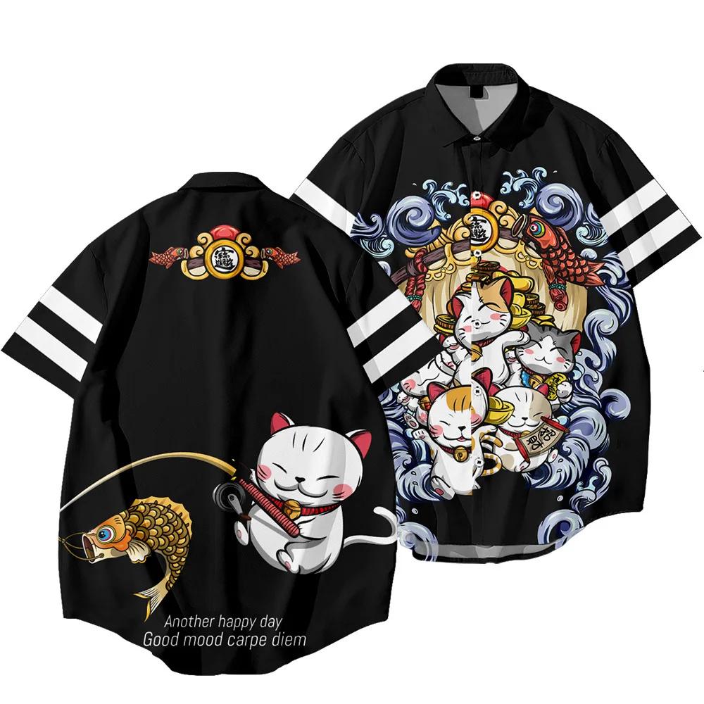  Chemise Harajuku Dragon Tiger pour hommes, imprimé ethnique noir, surdimensionné, manches courte