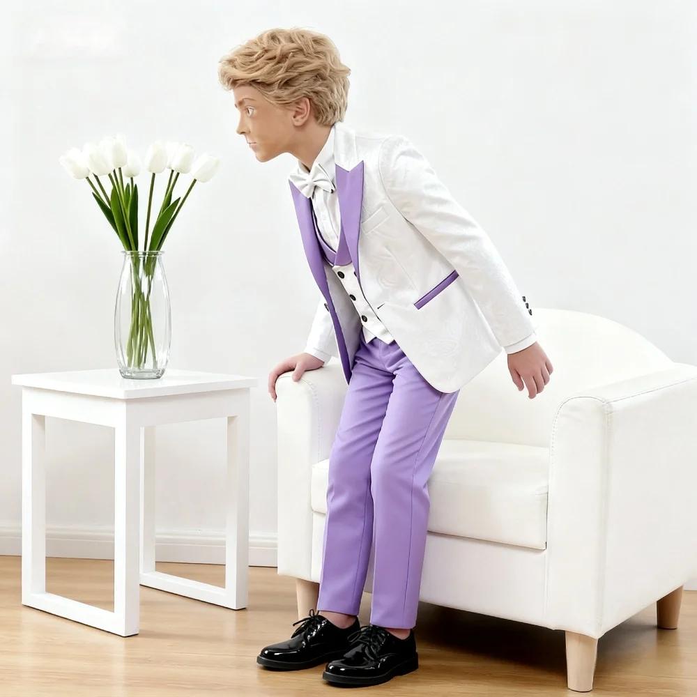 Vente chaude de luxe lilas blanc Jacquard garçons costume ensemble 4 pièces 3-14 ans coupe ajustée v