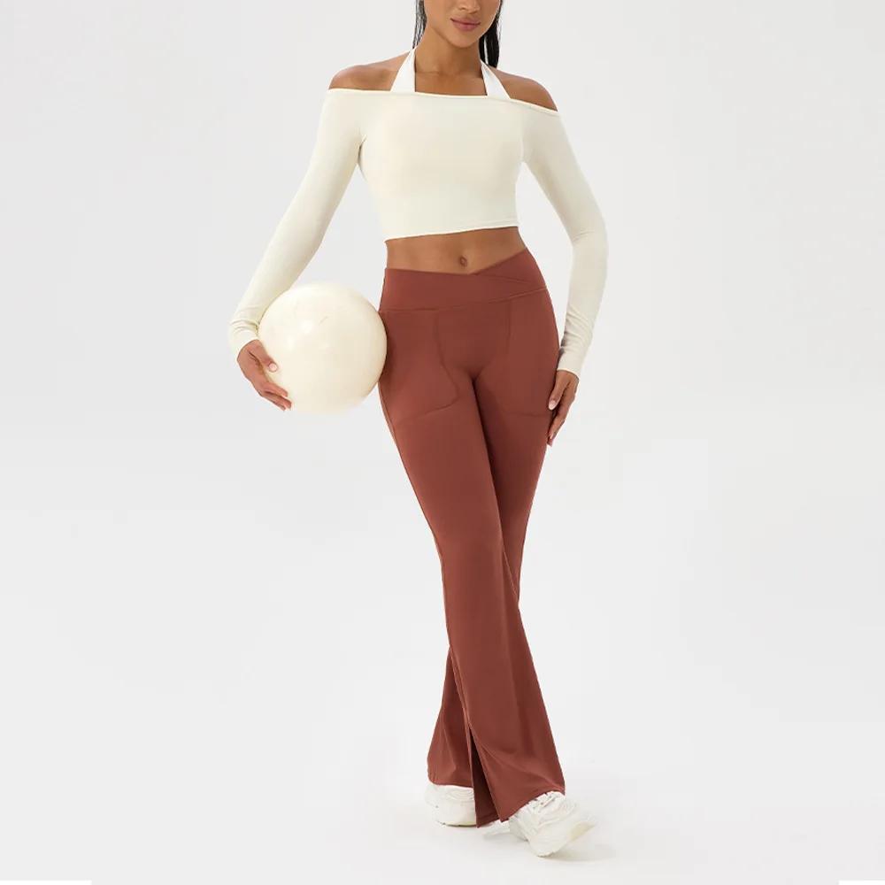 T-shirt de Yoga à manches longues pour femmes, asymétrique épaule dénudée, sexy, serré, vêtements de