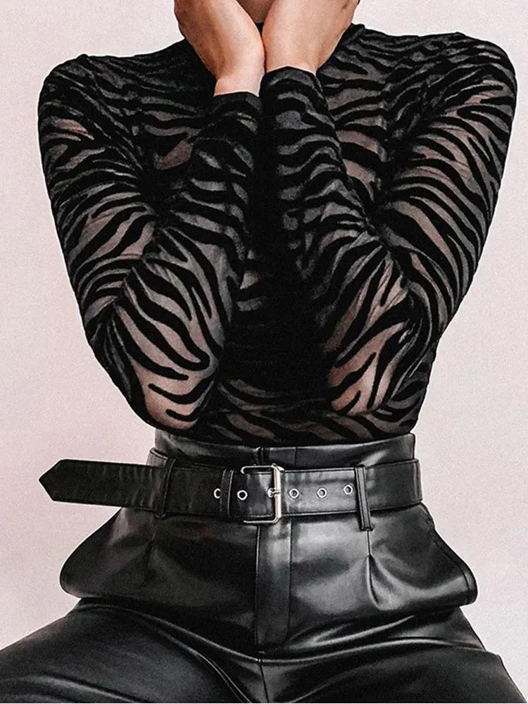 Body Sexy en maille noire transparente, manches longues, Slim, à rayures, col montant, barboteuse dé