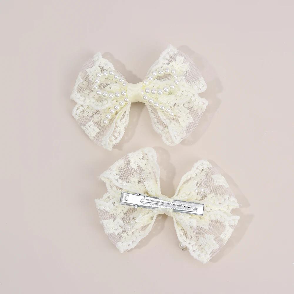 Pinces à cheveux avec nœud en dentelle pour filles, 2 pièces, épingles à cheveux en perles douces, B