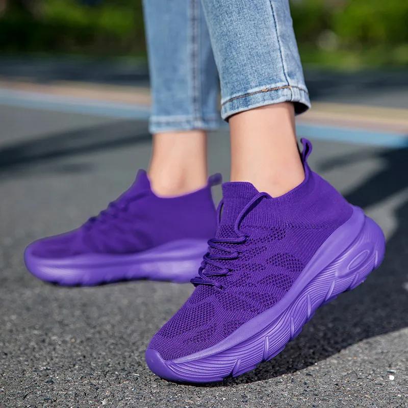 Mode tricot violet femmes chaussettes chaussures confort plate-forme chaussures de sport femmes form