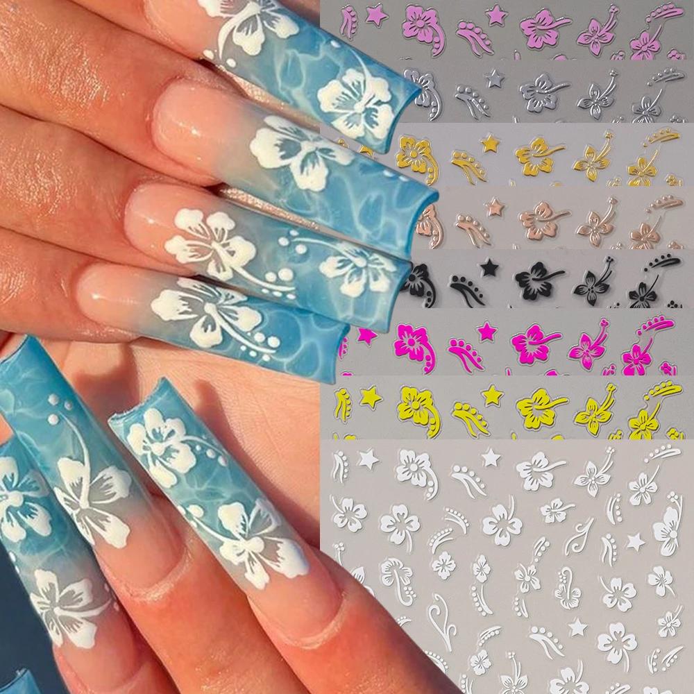 Autocollant en relief pour ongles, fleur d'hibiscus 5D, acrylique, rose, blanc, feuille de pétale d'