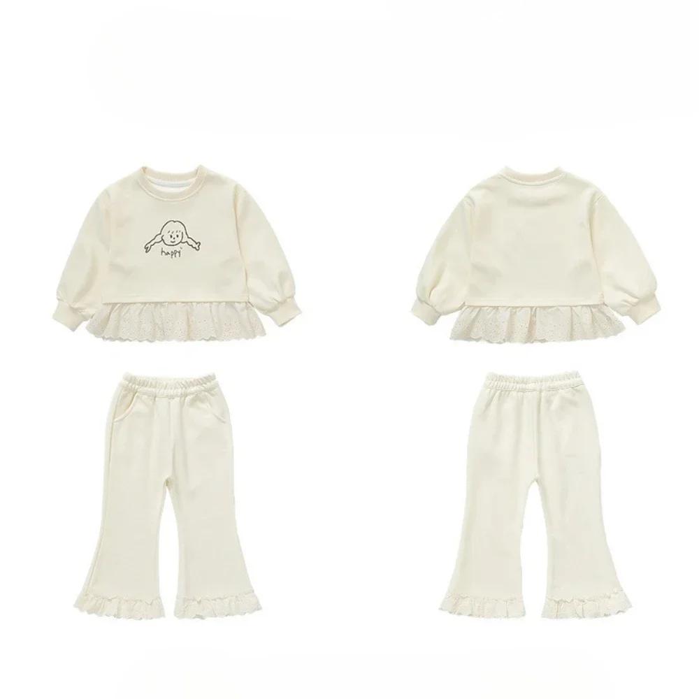 Vêtements unis pour filles, Version coréenne, épissure de dentelle, ensemble pour enfants, manches l