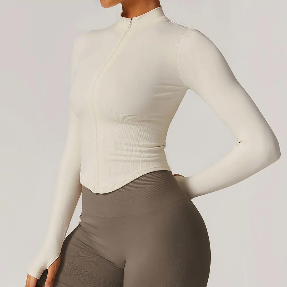 Veste à fermeture éclair pour femmes, haut court, T-shirts de Yoga, haut de Sport solide, chemises d