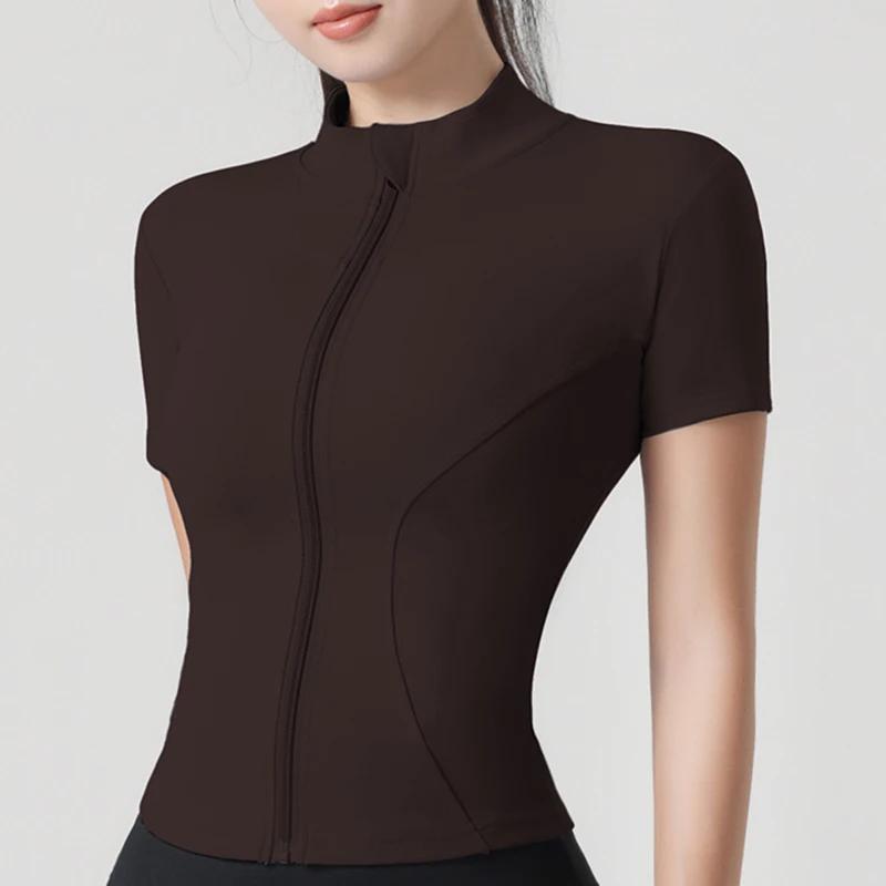 Femme yoga veste haute élastique Yoga à manches courtes manteau col montant serré sport manteau nu F