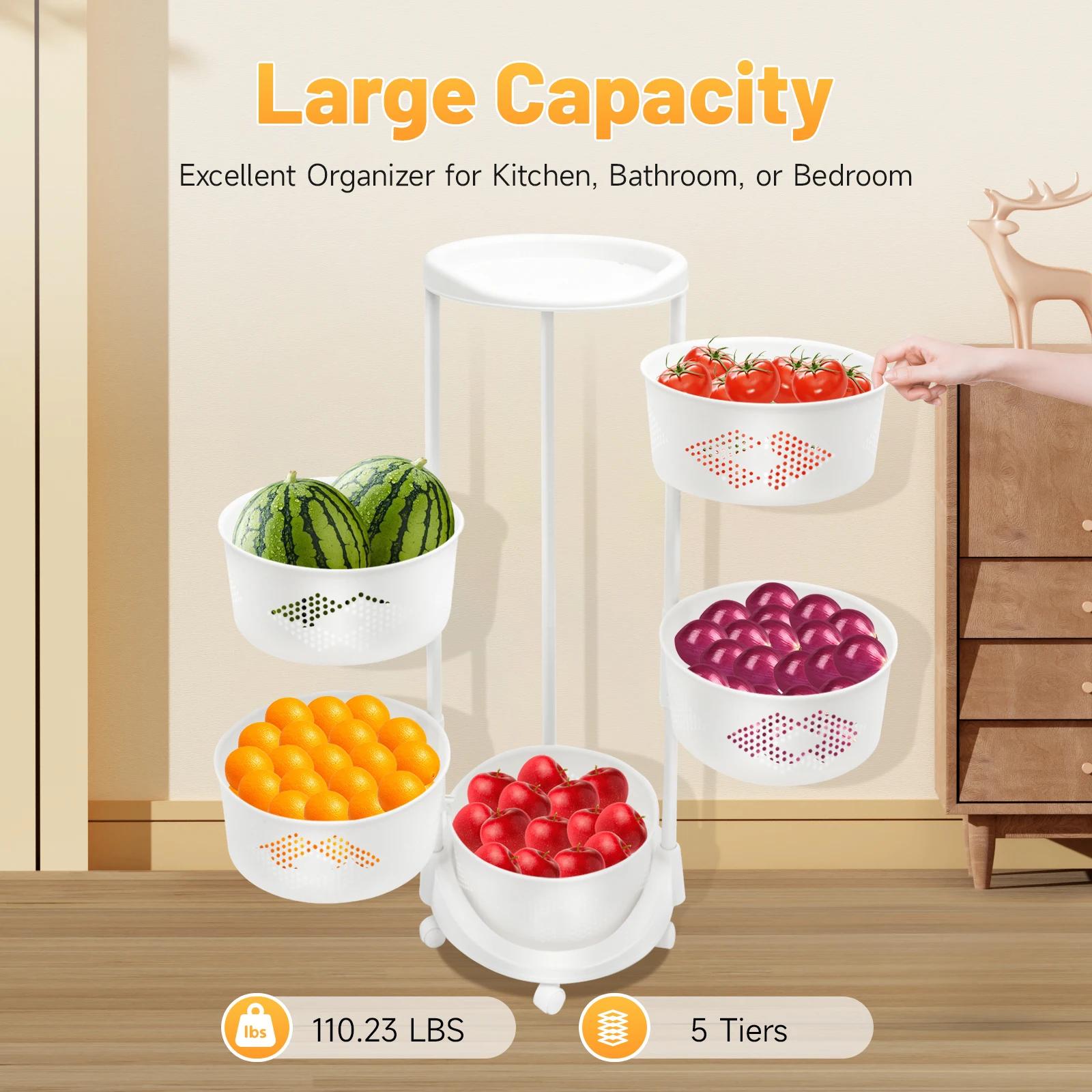 Mir de Rangement de Cuisine Multifonctionnel à 5 Niveaux, Blanc, Rotatif, à Roulettes, pour Légumes