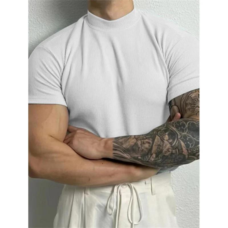 Printemps été élastique hommes T-shirt petit col haut rayure chemise à manches courtes haut de fitne