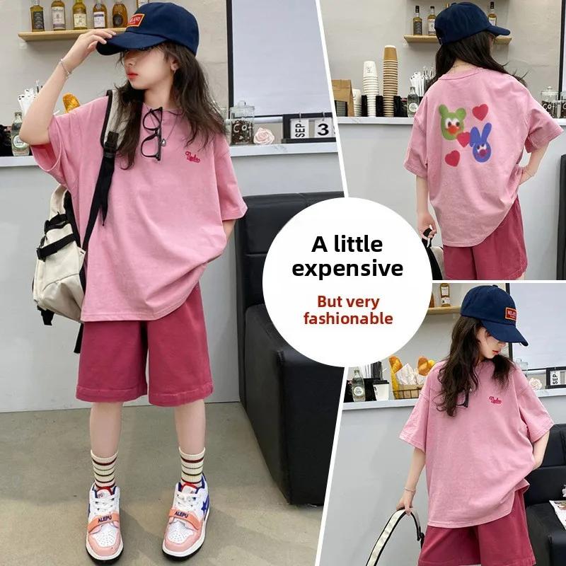 Ensemble de vêtements pour filles d'été, t-shirt en coton à imprimé alphabet + short uni, ensembles