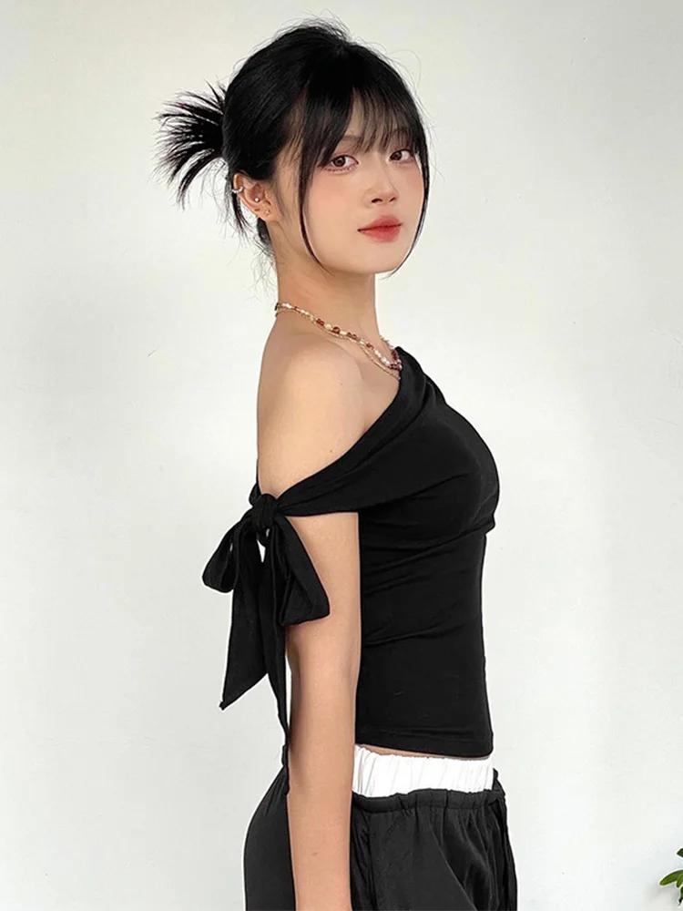 2025 femmes été Ins Style nouveau rétractable plissé une épaule haut court dos nu torsion cravate as