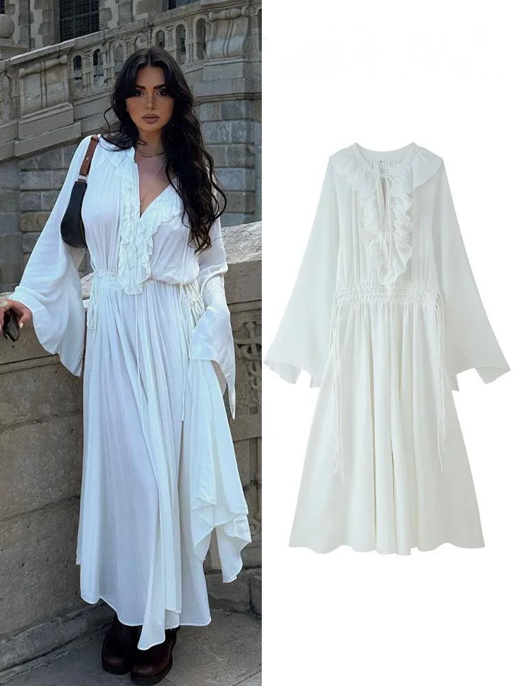 HH – robe longue de plage pour femmes, blanche, col en v, manches longues, bord à volants, décoratio