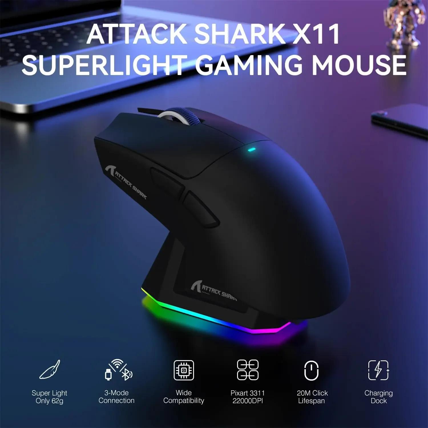 ATTACK SHARK X11 souris de jeu sans fil légère à trois modes avec station de charge RGB capteur opti
