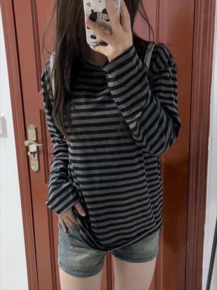 T-shirt manches longues pour femmes, vêtements japonais Y2k, hauts rayés, ample et fin, Grunge des a