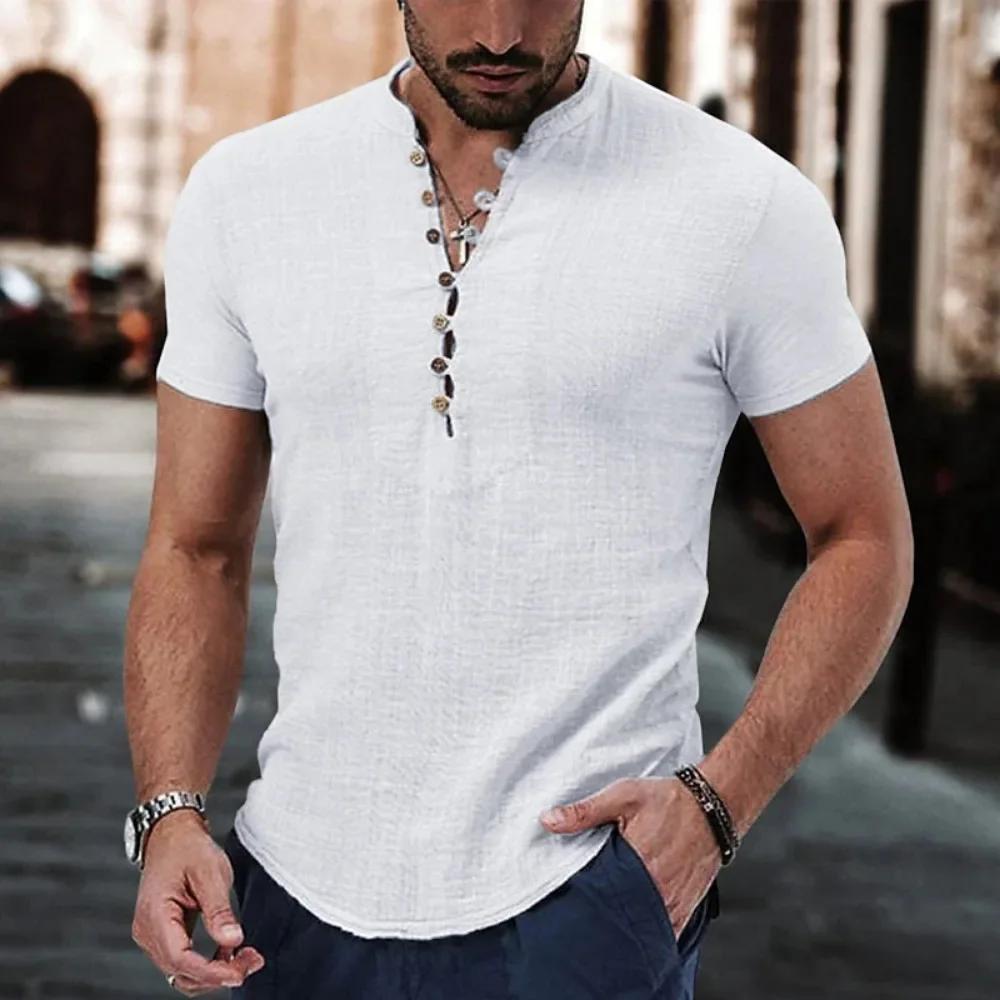 T-shirt à manches courtes pour hommes, chemise boutonnée en coton et lin, vêtements décontractés pou