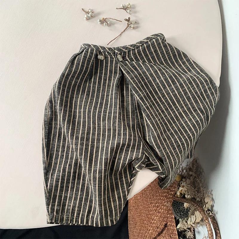 Pantalon rétro rayé en coton et lin pour enfants, pantalon large décontracté japonais, garçons et fi