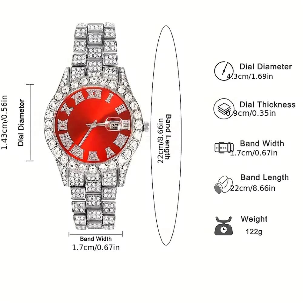 Montre à chaîne cubaine pour hommes, 3 pièces, Hip Hop Miami, bordure glacée, pavé de strass, rappeu