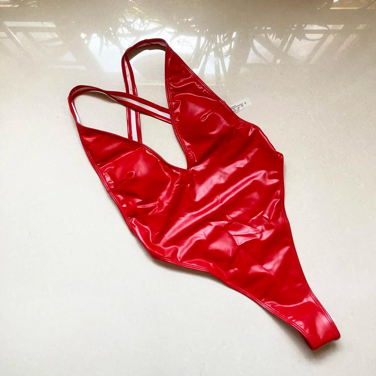Maillot de bain une pièce sexy push-up taille haute monokini PU pour plage et piscine