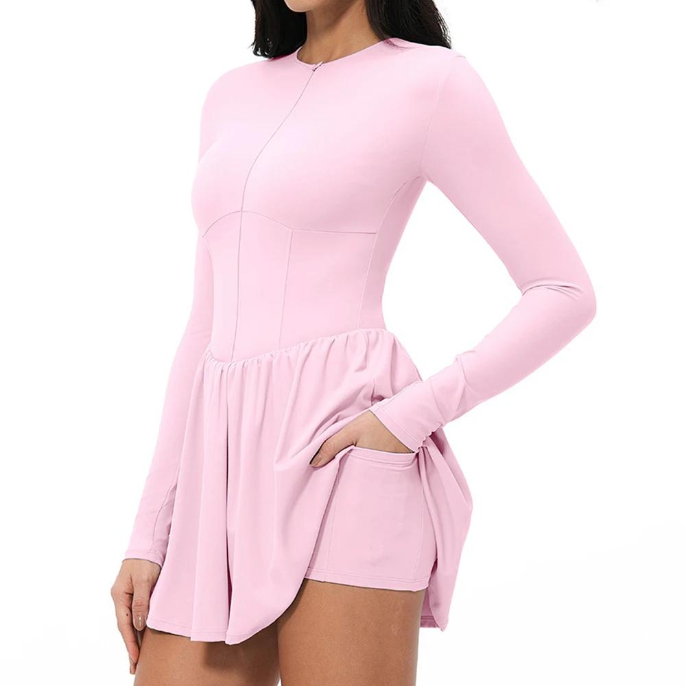 Combinaison de yoga pour femme, manches longues, une pièce, avec demi-fermeture éclair, vêtement de