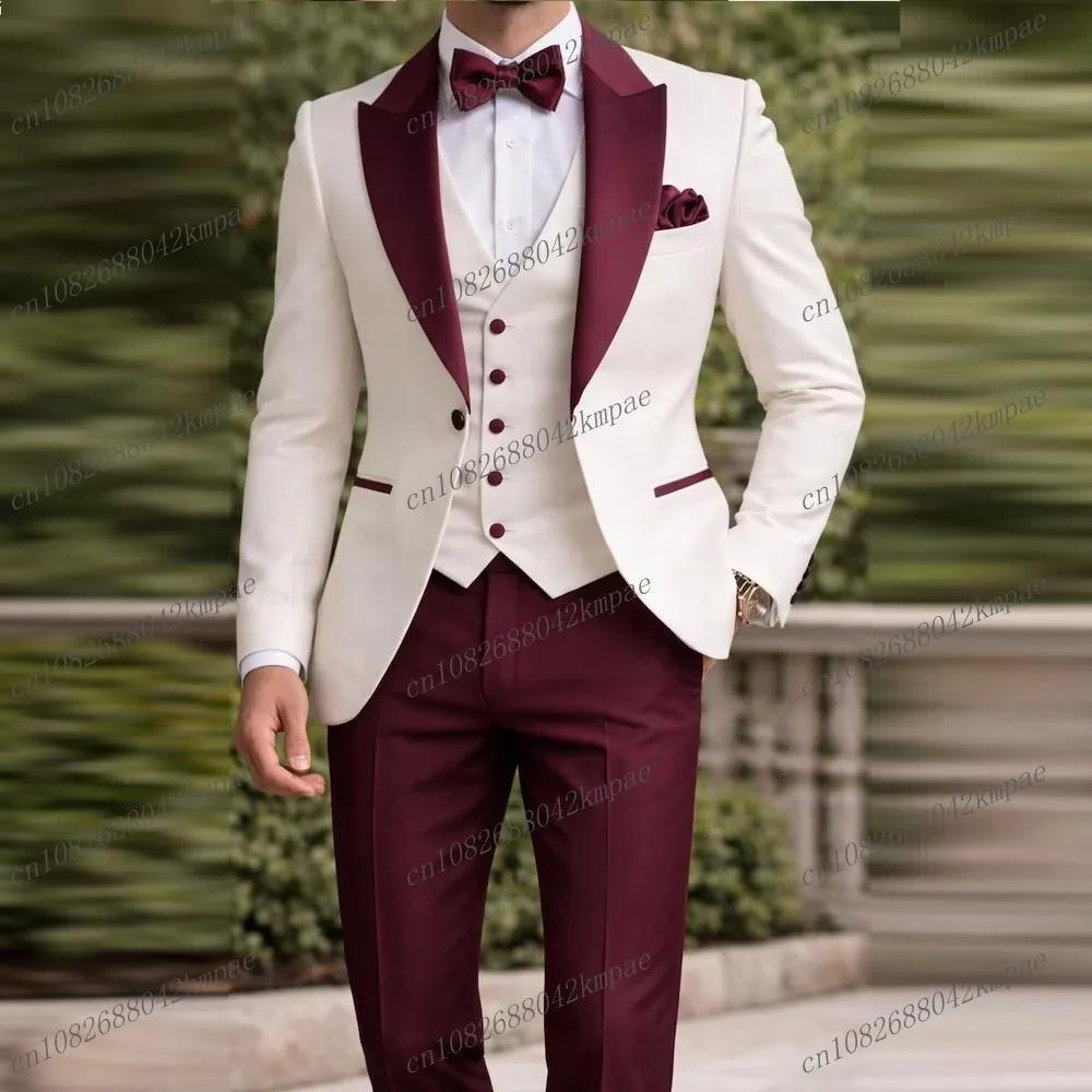 Nouveau costume formel blanc et bordeaux pour homme, marié, témoin, mariage, soirée, bal, affaires,